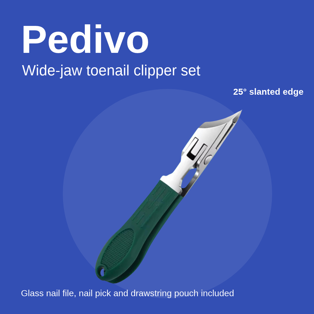Pedivo wide-jaw toenail clipper set, green lever clipper with a 25 degree slanted stainless edge