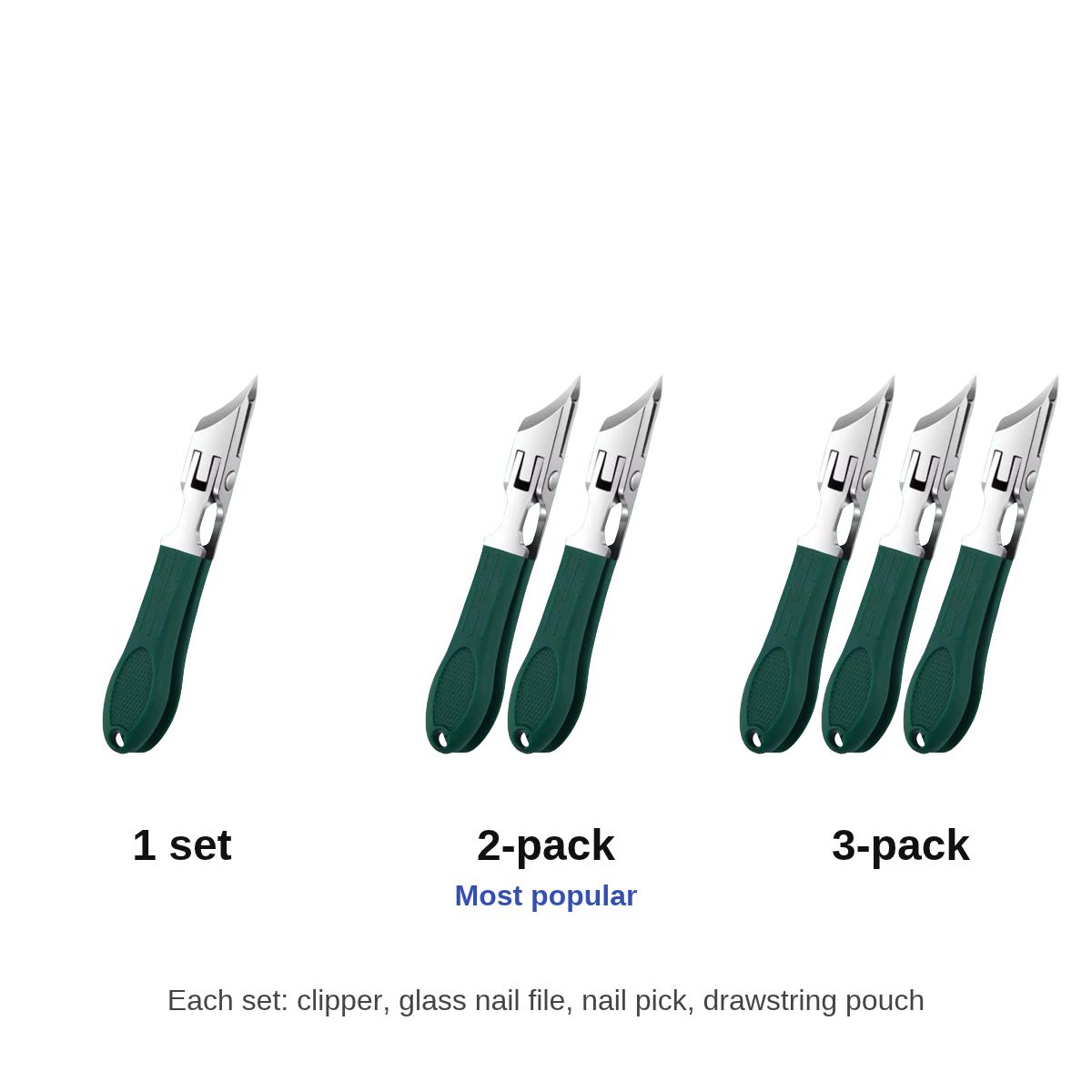 Pedivo bundles: 1 set, 2-pack (most popular) and 3-pack; each set has the clipper, glass nail file, nail pick and drawstring pouch