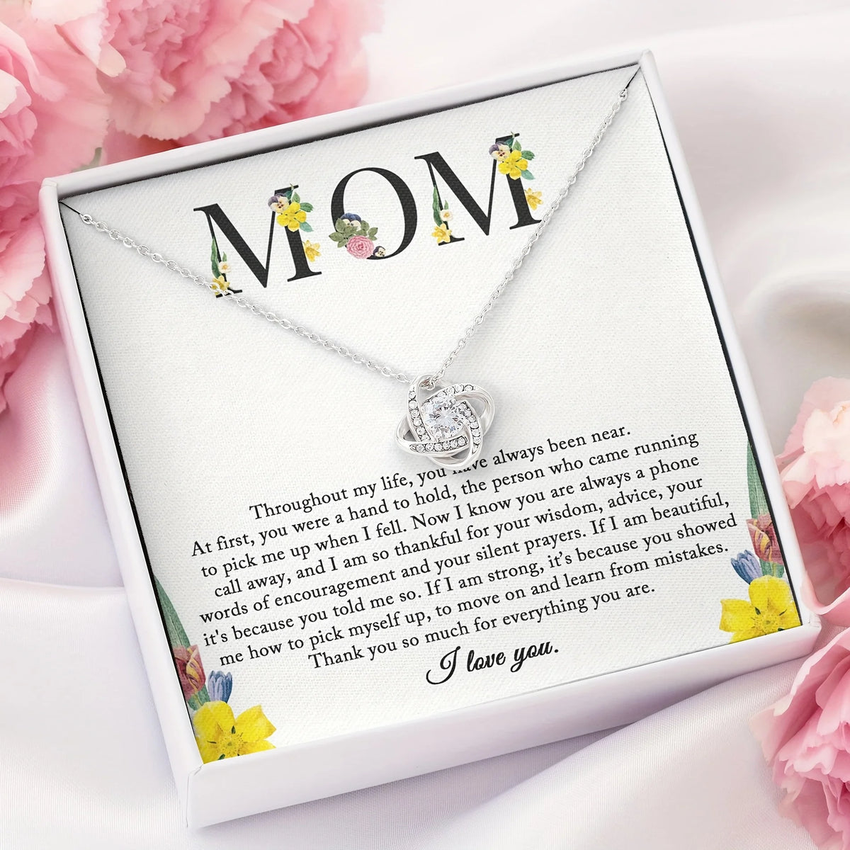 HeartNote open gift box with the printed MOM card and love-knot necklace
